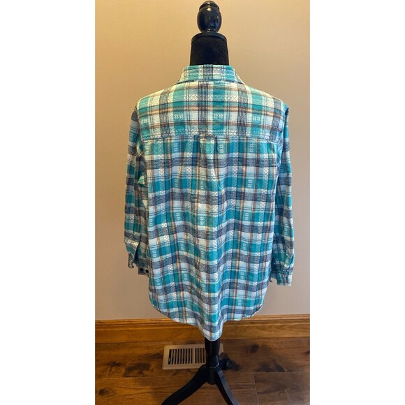 Fashion Bug Button Down Blouse Size 14 16 Turquoise Plaid Stripes 100% Cotton - Picture 5 of 9